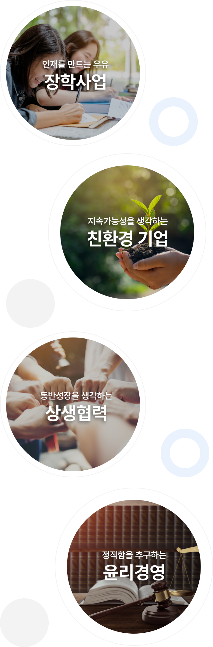 인재를 온 카지노 우유 장학사업, 지속가능성을 생각하는 친환경 기업, 동반성장을 생각하는 상생협력, 정직함을 추가하는 윤리경영